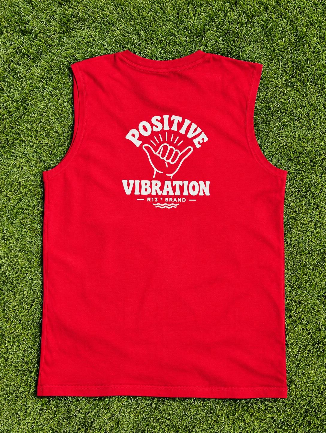 Espalda de la camiseta roja sin mangas Positive Vibration